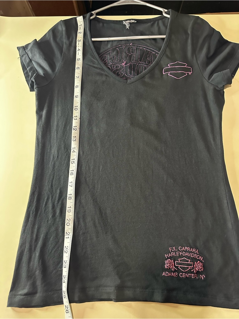 Harley-Davidson Black V-Neck Tee with Pink Accents and opening in the back.